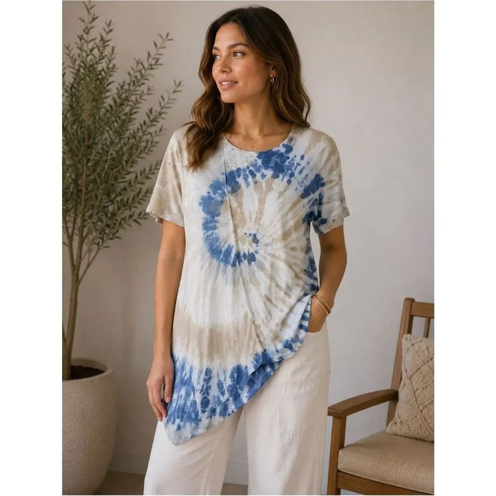 Belle France Tie Dye Cotton Blend Asymmetrical Hem Top Blouse Size M